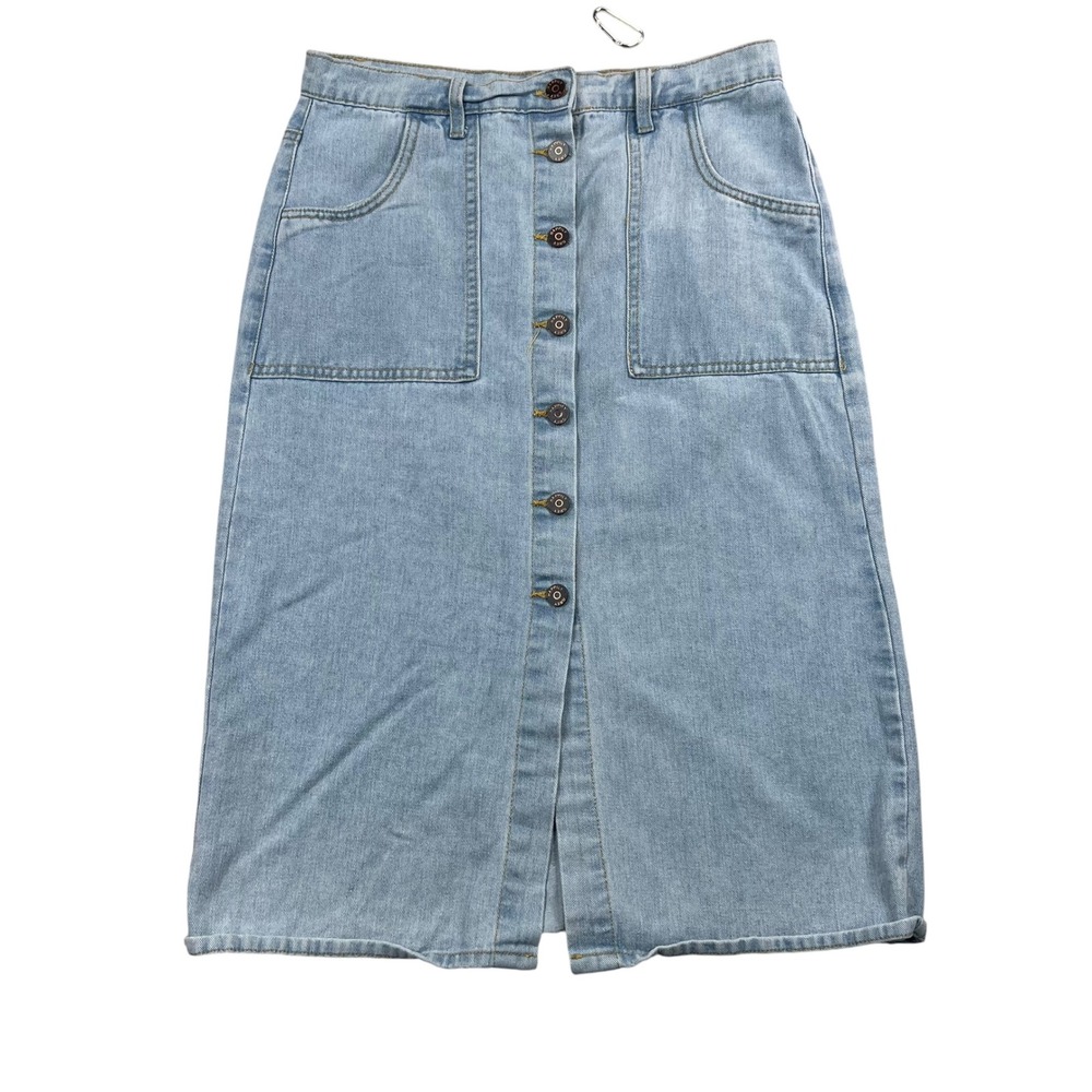 Happily Grey Denim Skirt Women 9/28 Light Blue Button Front Midi A-Line Pocket
